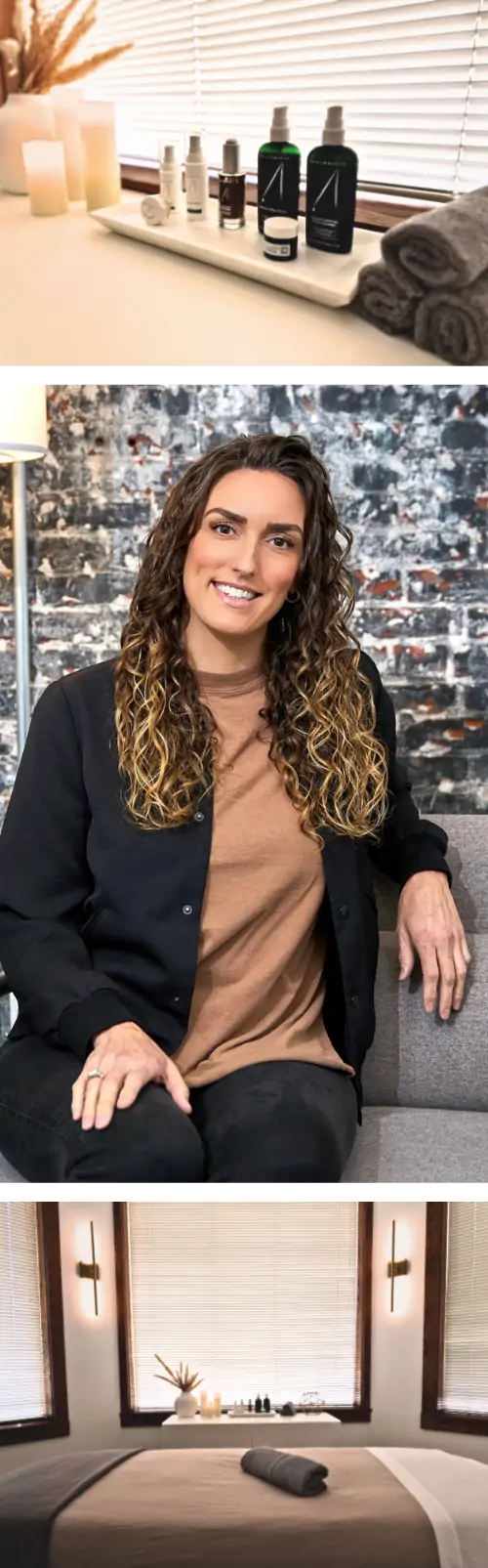 Photo montage of skincare bottles on a window ledge with candles, followed by a woman with long hair smiling on a sofa, followed by a cozy, dimly lit room with a massage table.